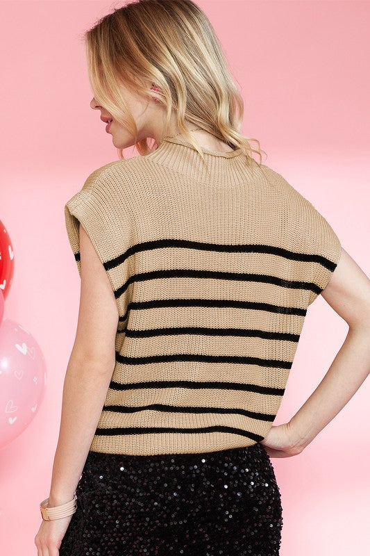 Parchment Striped Ribbed Knit High Neck Sweater